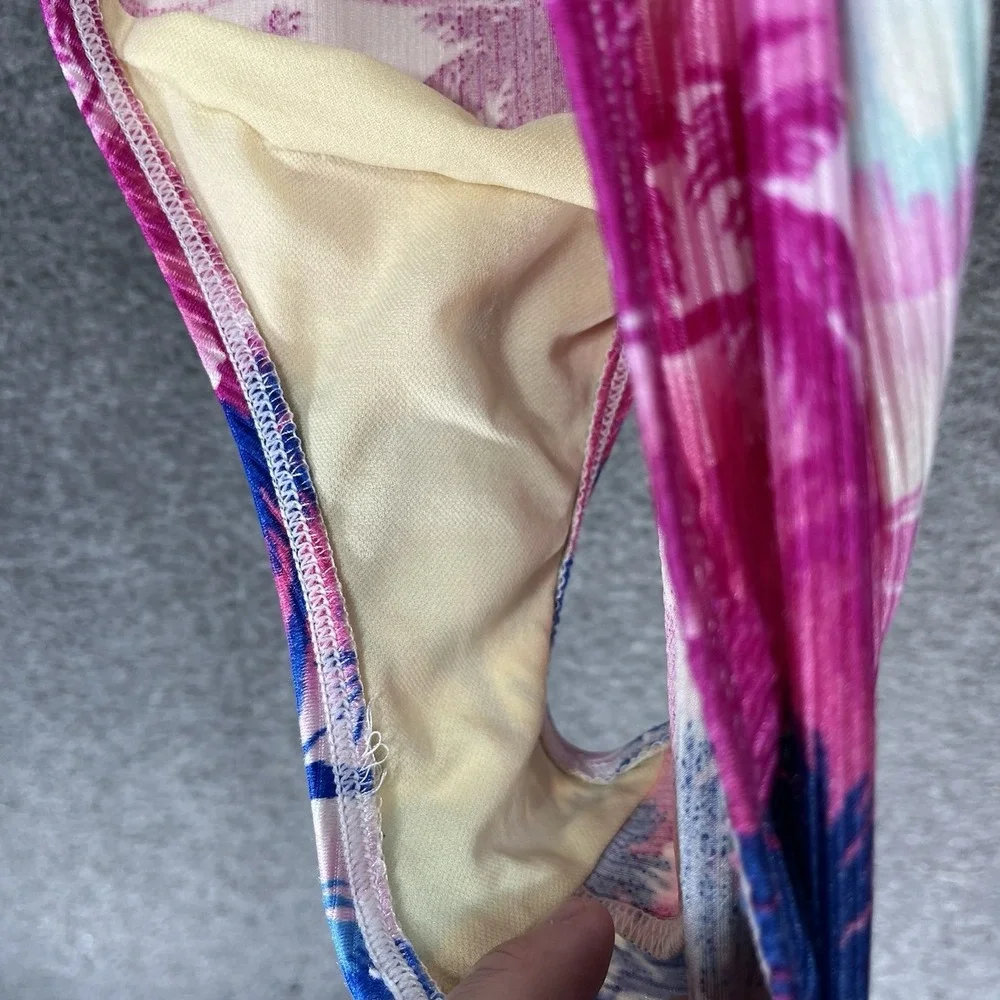 Vintage Catalina Swimsuit Size L Tropical Floral Pink Blue One Piece High Cut